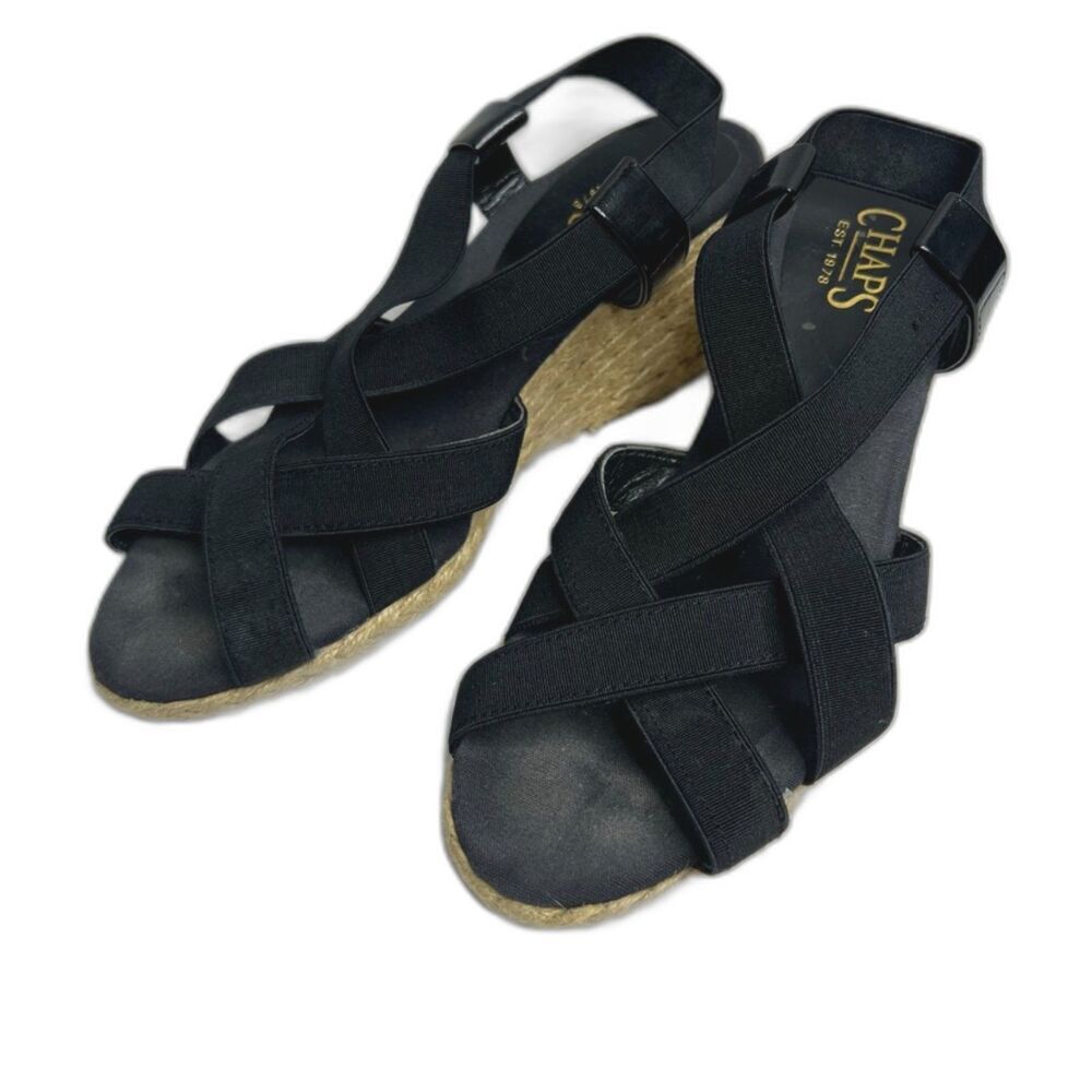 Chaps Black Strappy Open Toe Slingback Wedge Espadrille Heels Size 8.5-9